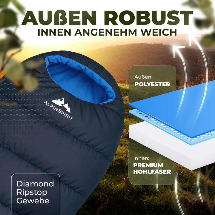 Schlafsack [Ultraleicht] 3 Jahreszeiten Sommer & Winter, kleines Packmass, Komfort, 210x75 cm, leich