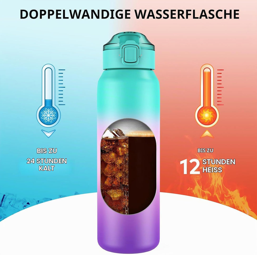 WEMEET Thermosflasche Edelstahl 1 Liter mit Abnehmbare Strohhalm, [18/10 Edelstahl] Trinkflaschen mi