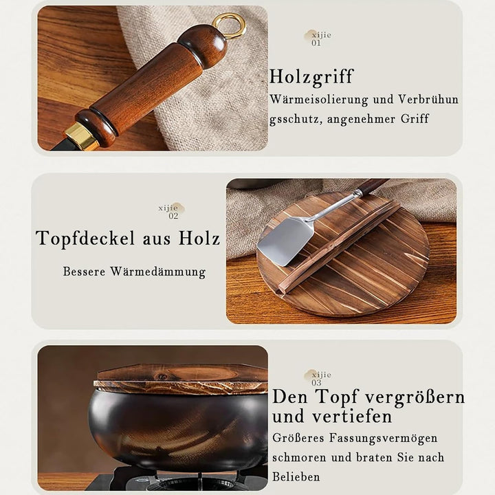 Suppentopf Handgeschmiedeter Topf Eisenpfanne mit Holzgriff: Grosser Bauch Topf Induktionstauglich R