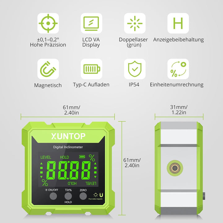 XUNTOP Digitaler Winkelmesser Neigungsmesser Grün Laser Wasserwaage mit LCD Display, Type-C Schnitts