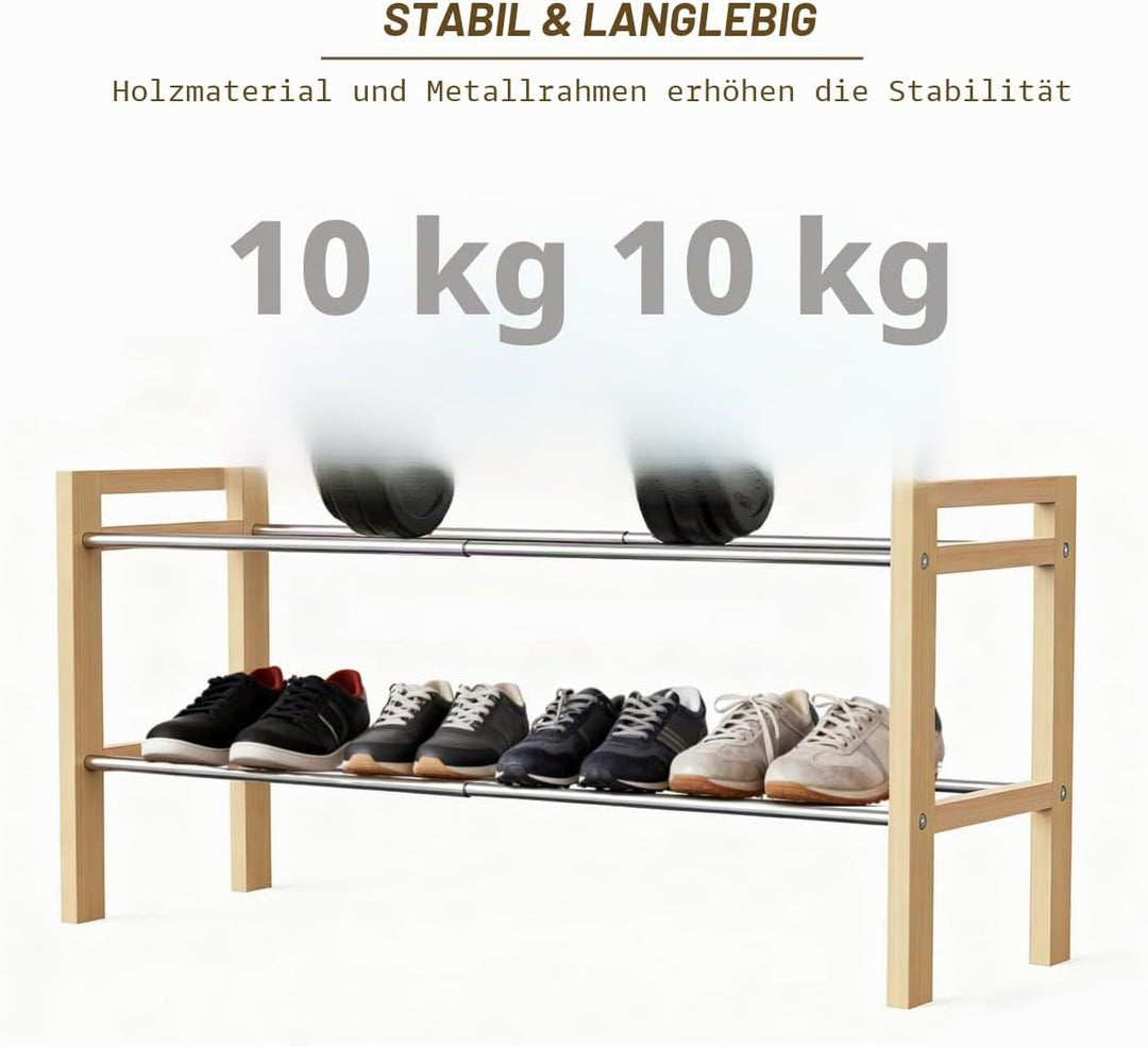 LEMIKKLE Schuhregal Holz Eiche 2-stöckig, Erweiterbar Mit Edelstahl-Elementen, Ideal Für Enge Räume,