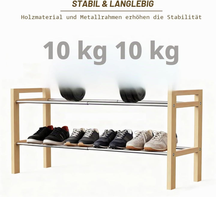 LEMIKKLE Schuhregal Holz Eiche 2-stöckig, Erweiterbar Mit Edelstahl-Elementen, Ideal Für Enge Räume,