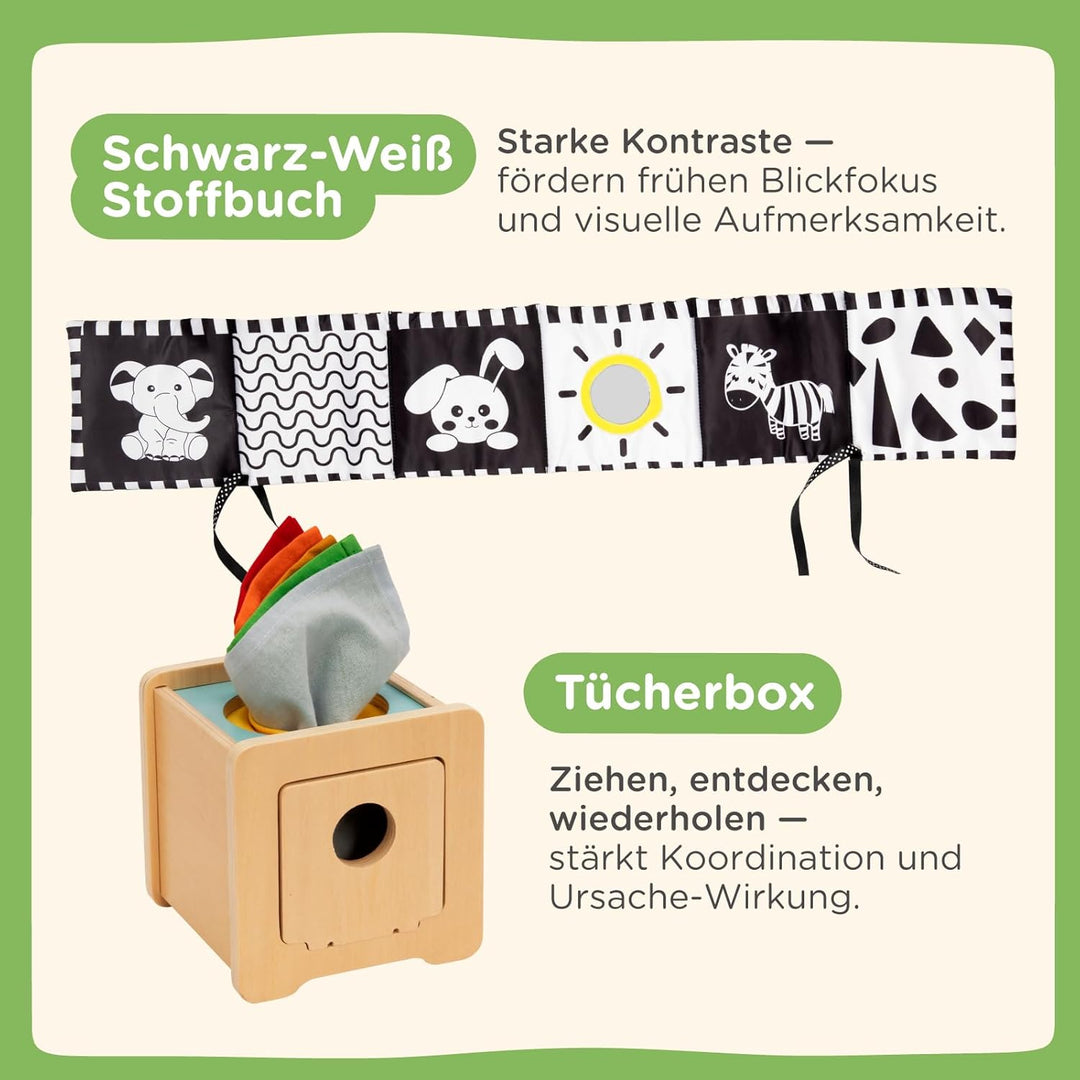 Nene Toys Montessori Baby Spielzeug 0–6 Monate – 7-in-1 Sensorik Holz Lernbox mit Schwarz-Weiss Stof
