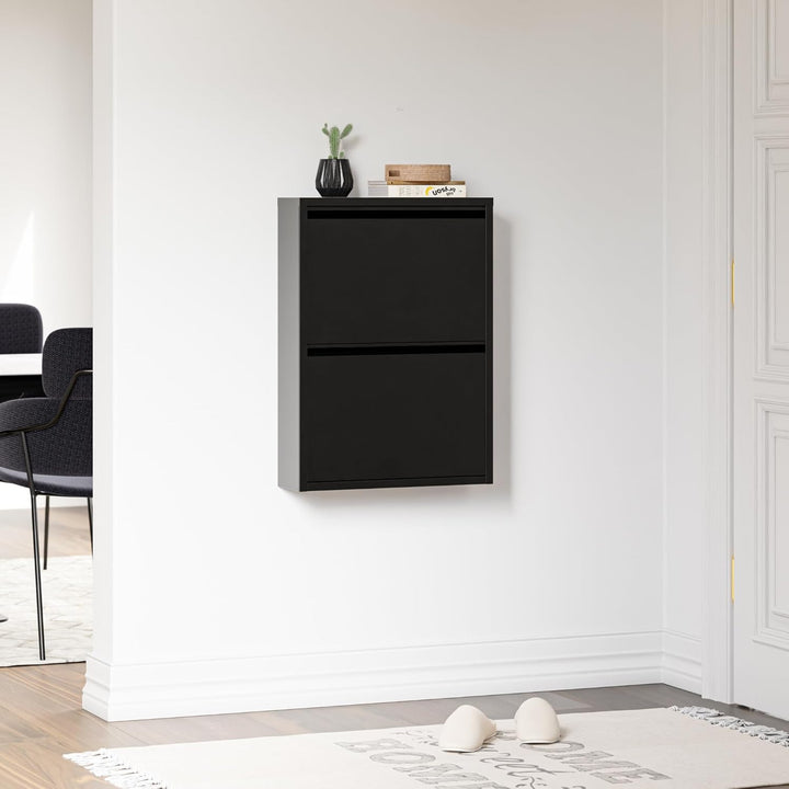 [en.casa] Schuhschrank Sokndal Schuhkipper Schwarz schmal Schuhkommode mit 2 Kippfächern Diele Flur