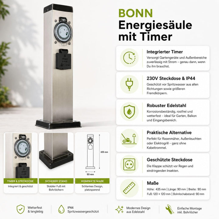 Licht-Erlebnisse Energiesäule Edelstahl in Silber IP44 Garten 43,5 cm hoch mit Zeitschaltuhr Steckdo