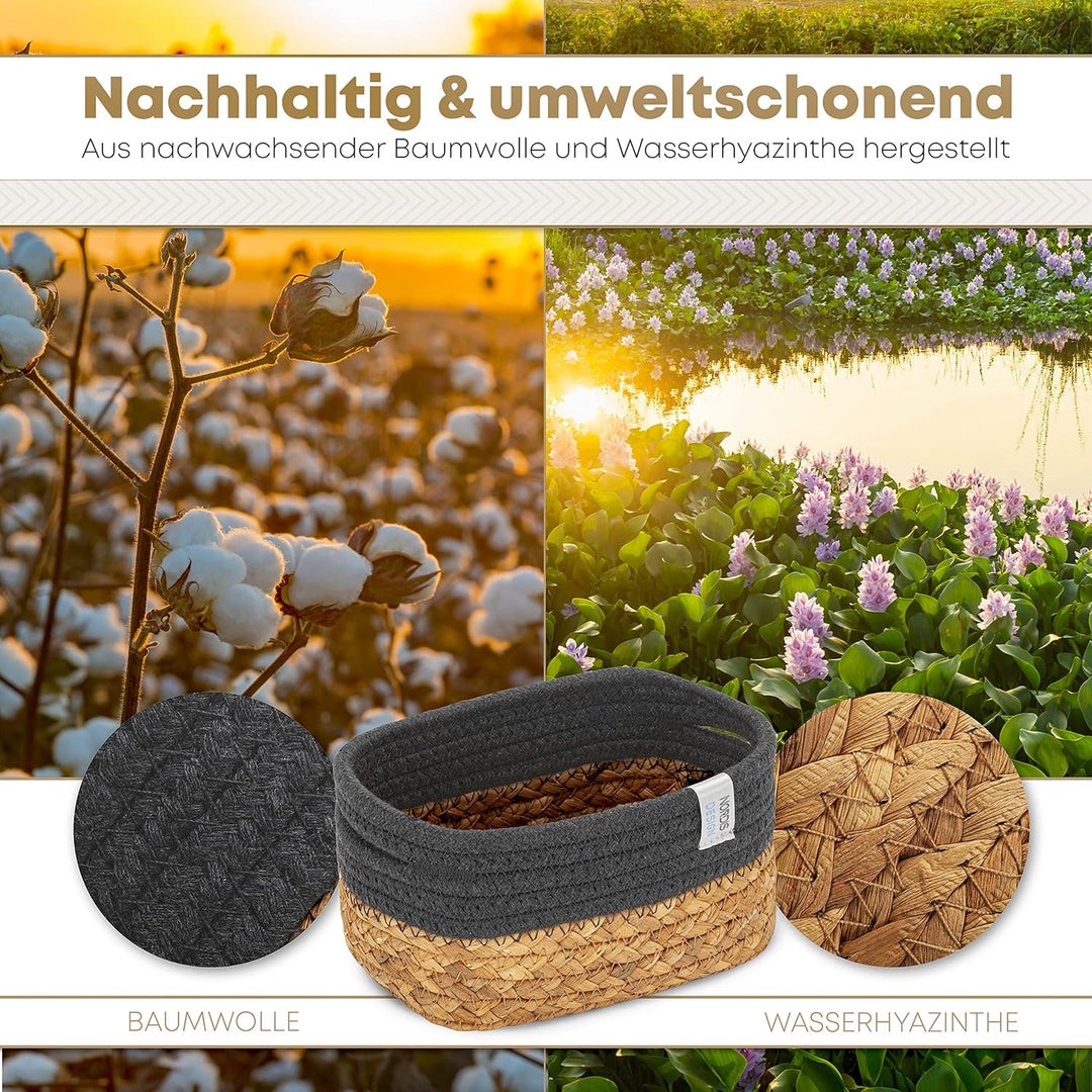 Aufbewahrungskörbe 3er Set aus Wasserhyazinthe und Baumwolle, Bad Aufbewahrungskorb geflochten als B