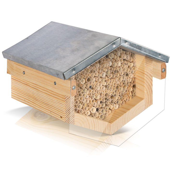 Beesi Wildbienenhotel mit Vogelschutz I Dach wetterfest I Nisthülsen aus Bambus I hochwertiges Insek