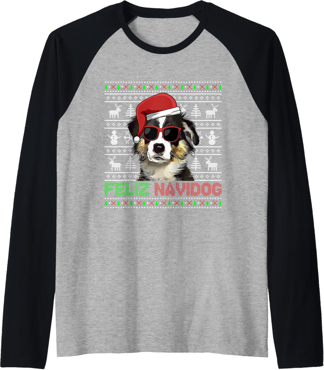 Miniatur American Shepherd Dog Feliz Navidog Christmas Raglan