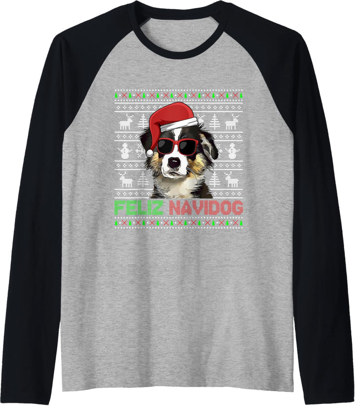 Miniatur American Shepherd Dog Feliz Navidog Christmas Raglan