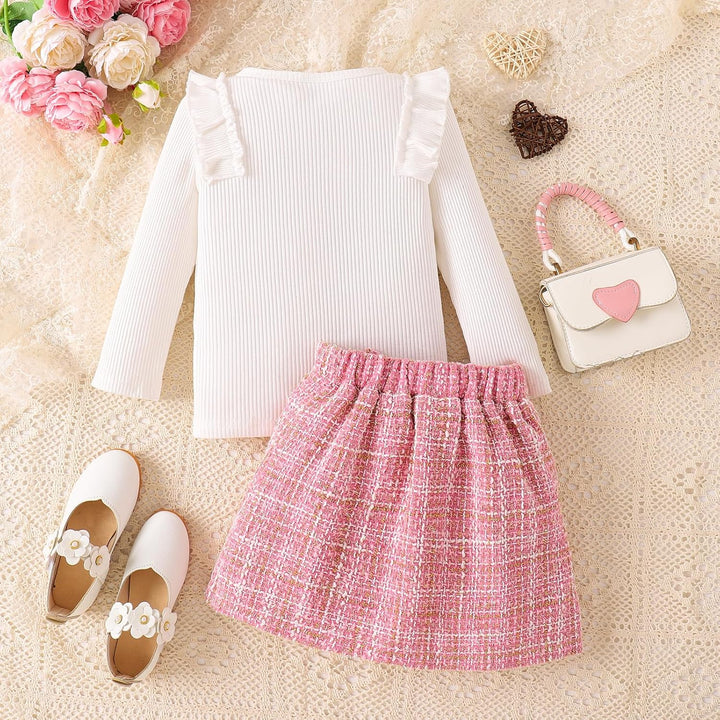 HPSOM Baby Kinder Mädchen Kleidung Set Ruffle Gerippt Langarm Top Fliege karierten Rock 2PCS Frühlin