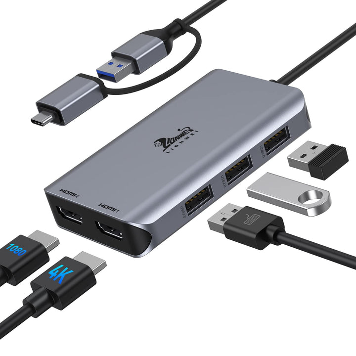 LIONWEI USB 3.0 Docking Station 2 HDMI USB C Hub Dual Monitor USB A auf Dual HDMI Adapter mit 3 USB