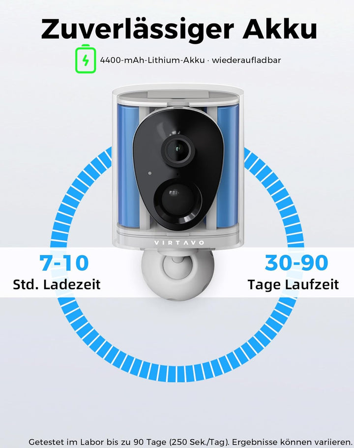 VIRTAVO 2K 3MP Überwachungskamera Aussen Akku, WLAN Kamera Kabellos für Innen & Aussen, Starlight Fa