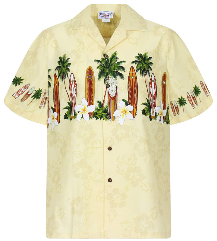 P.L.A. Pacific Legend Original Hawaiihemd, Kurzarm, Surfbretter Brustdruck, Gelb, M