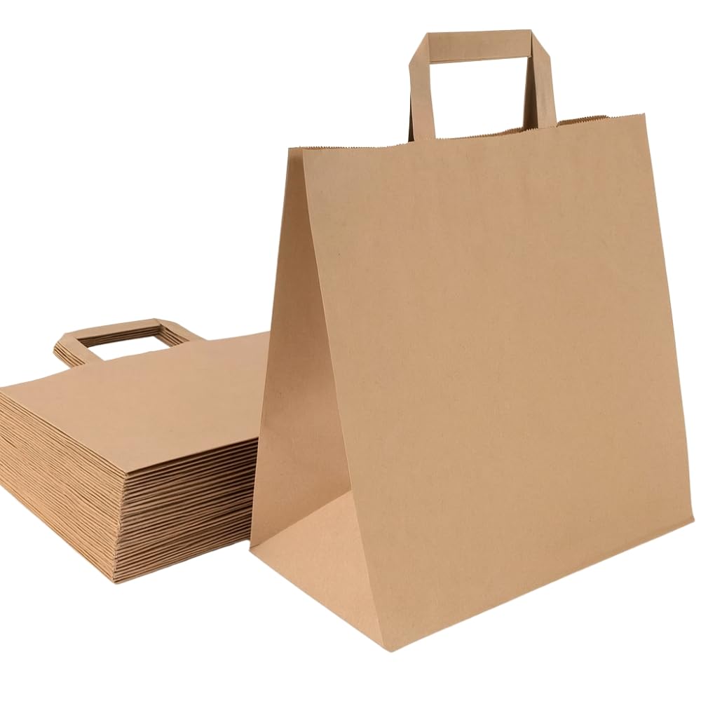 Commerline Papiertragetaschen 26+17x25cm 250 Stück | Braun Papiertüten | Kraftpapier Tüten mit Henke