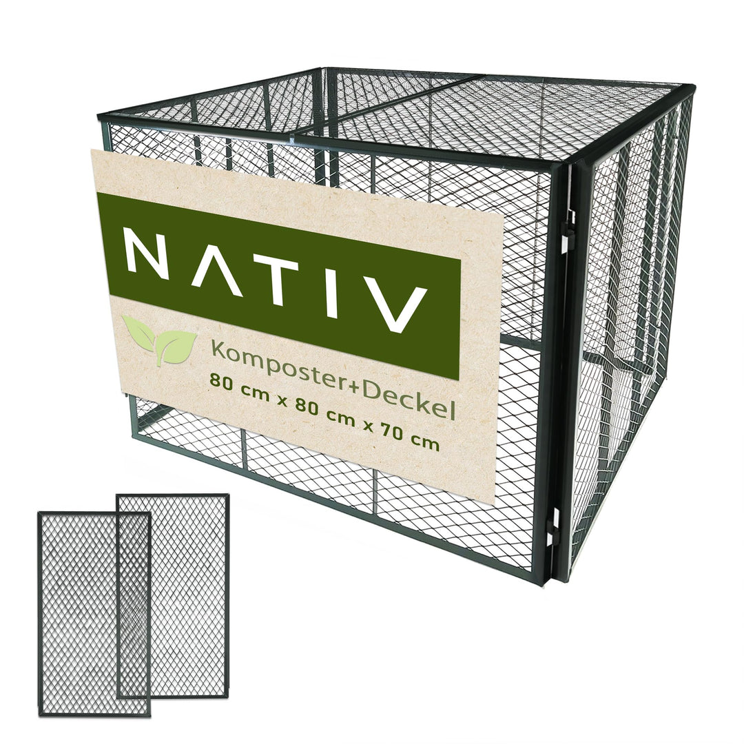 NATIV Garten Komposter grün 80x80x70 cm mit Deckel, Metallkomposter mit 448 Liter Volumen, Drahtkomp
