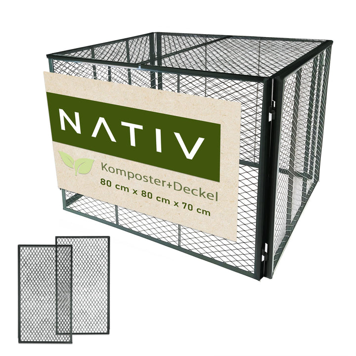 NATIV Garten Komposter grün 80x80x70 cm mit Deckel, Metallkomposter mit 448 Liter Volumen, Drahtkomp