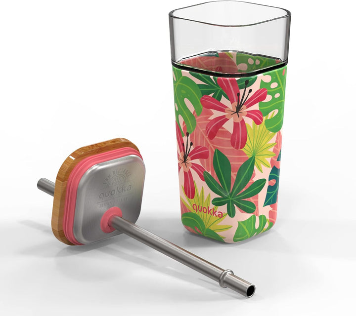 Quokka Glas mit Päckchen und Silikonhülle PINK Jungle 540 ml, Borosilikatglas, Rosa Dschungel, Einhe