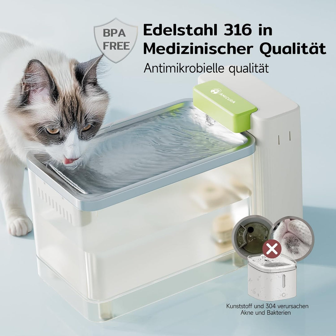 A3 Lite Katzenbrunnen mit Ultrafiltration - 3,3L Tank, SUS316 Edelstahl-Schale (Schwarzkinn-Schutz),