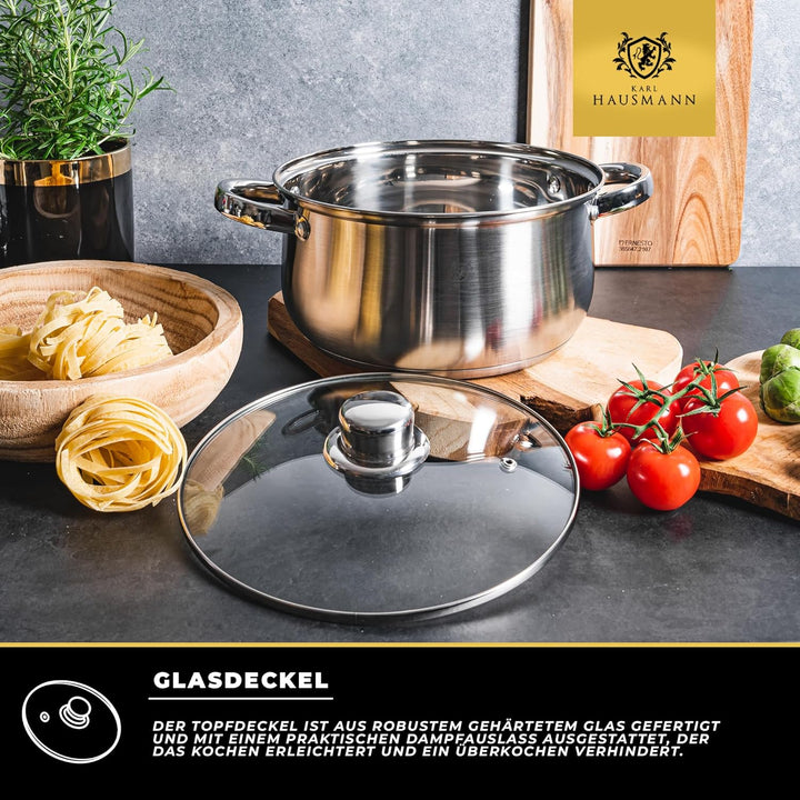 Topfset Induktion 3-teilig, Kochtopf Set mit Glasdeckel, Edelstahl mattiert, Induktions Töpfe Set un