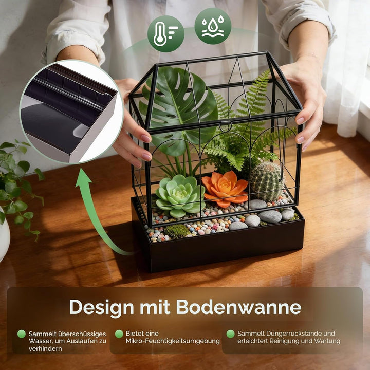 Mini Gewächshaus, 24x14,5x28cm Terrarium mit Aufklappbarem Glasdeckel, Volltransparentem Glas und Bo