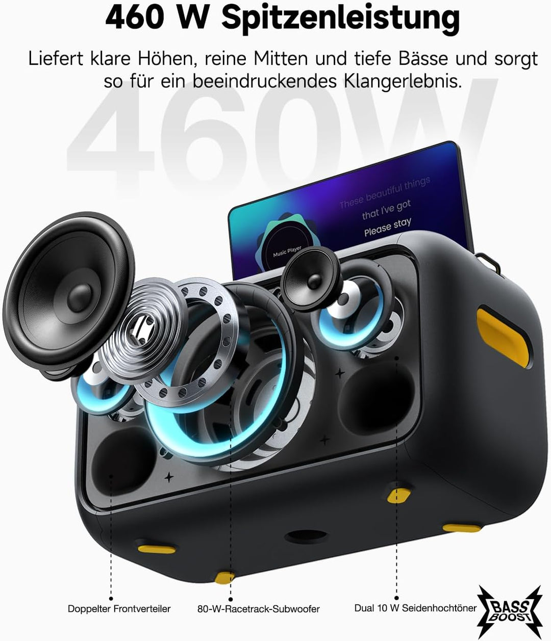 Ikarao Break X1 Karaoke Maschine mit Textanzeige 13.3 Zoll Bildschirm 2 kabellose Mikrofone versteck