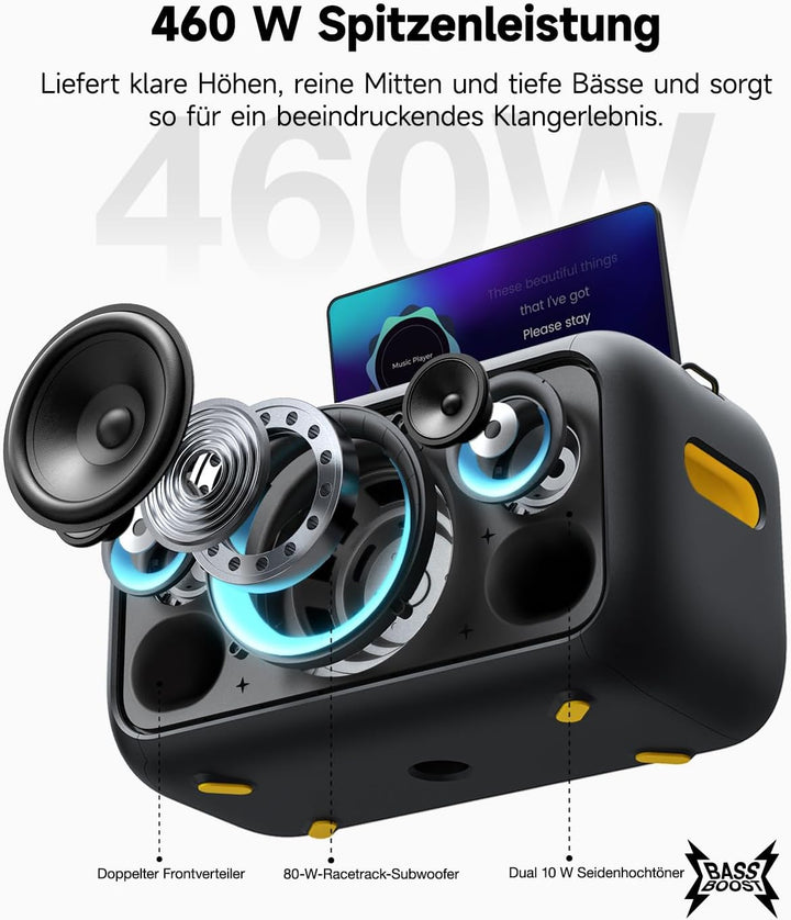 Ikarao Break X1 Karaoke Maschine mit Textanzeige 13.3 Zoll Bildschirm 2 kabellose Mikrofone versteck