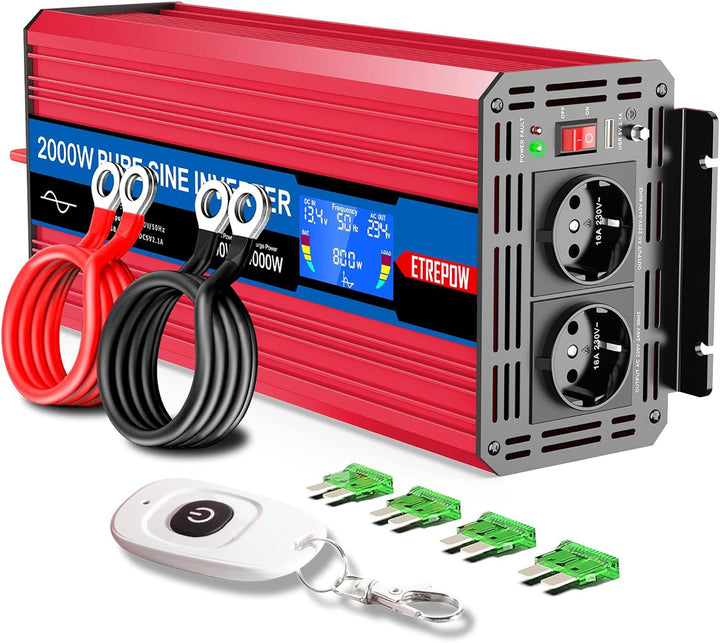 ETREPOW 2000w Spannungswandler 12v Auf 230v Reiner Sinus Wechselrichter mit 2 EU-Steckdose und Einer