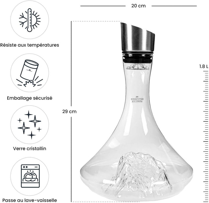 Weindekanter, 1,8 l, hochwertiges Kristallglas, mundgeblasen, mit geprägten Bergen, 3-in-1 Verschlus