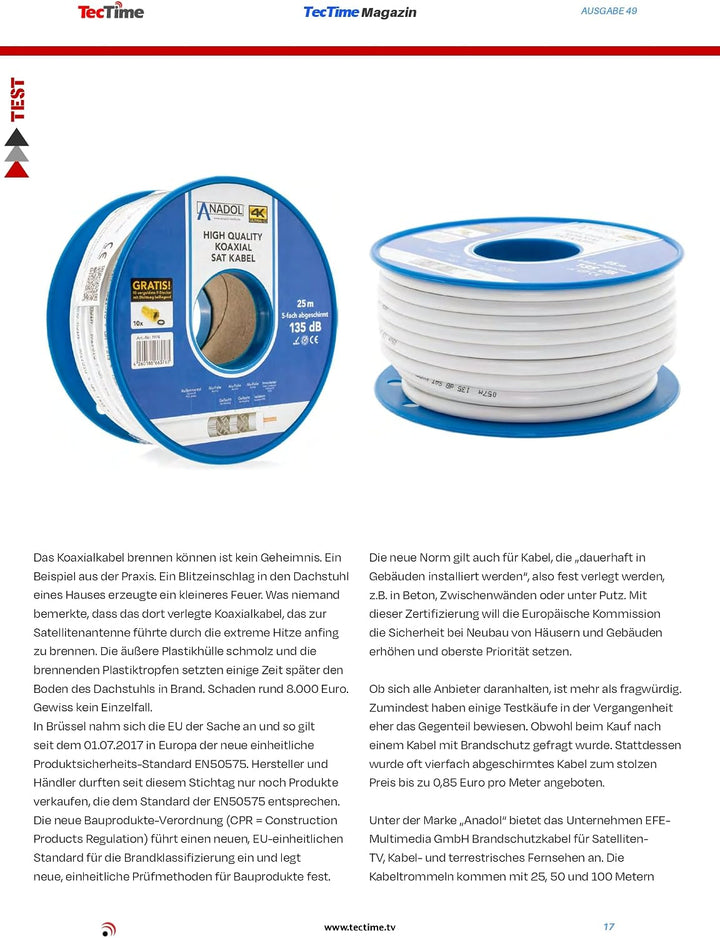 [Test SEHR GUT *] Anadol 100m Brandschutz Koaxialkabel 135dB, 5fach geschirmt, 7mm, Koaxial Satkabel