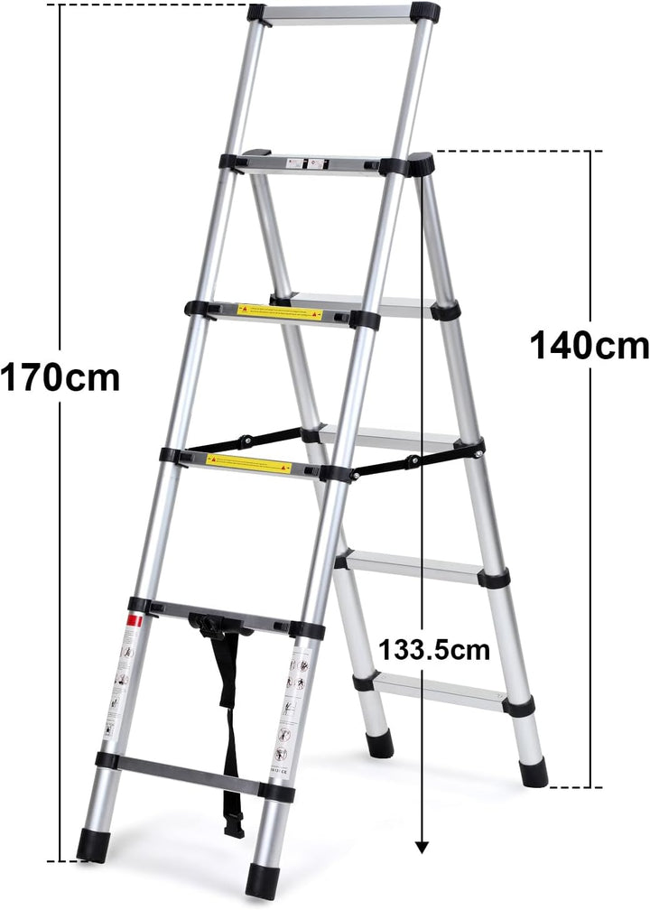 Eulenke Teleskopleiter 1.4m+1.7m Aluminium Trittleiter - 4+5 Stufen Tragbare rutschfeste Klappleiter