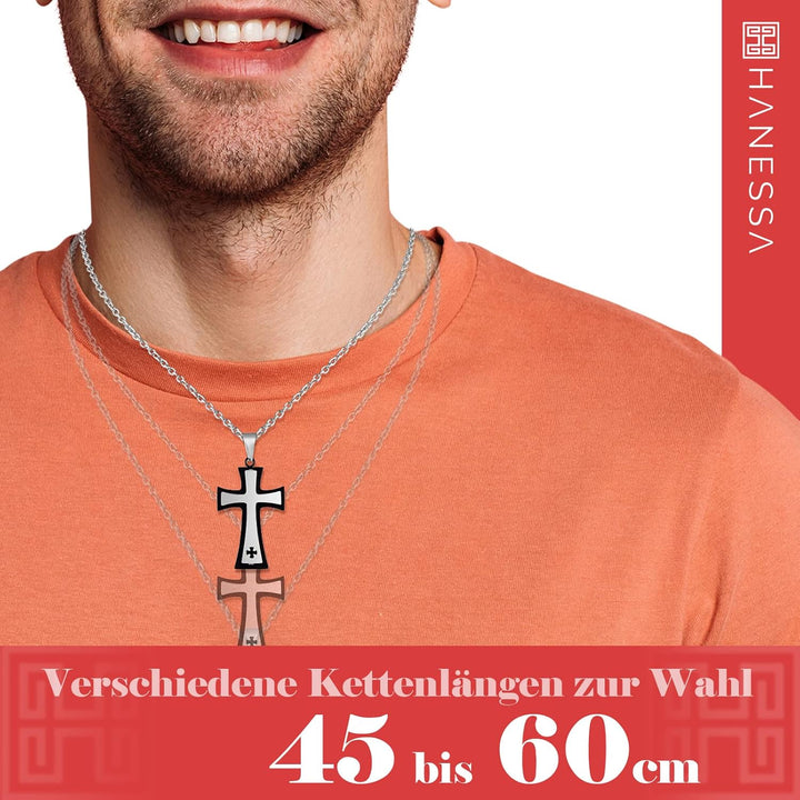 Hanessa Personalisierte Kette mit Gravur Edelstahl 45-60 cm mit Anhänger Kreuz in silber und schwarz