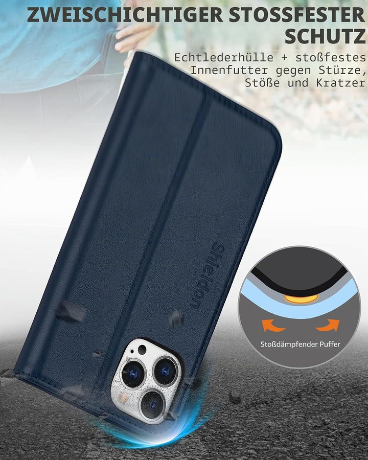 SHIELDON Hülle für iPhone 13 Pro Max, Schuzhülle [Echtleder] [Kartenfach] [Verdichtes TPU] Magnetisc