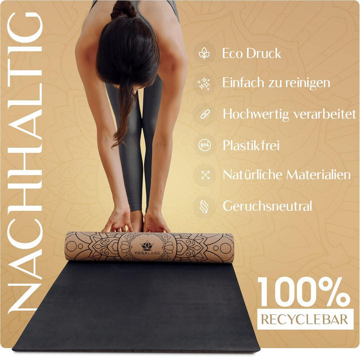 YOGALABS® - Premium 2-in-1 Yoga-Matte aus Kork & Naturkautschuk inkl. Tragegurt 183 x 61 x 0,4cm (gr