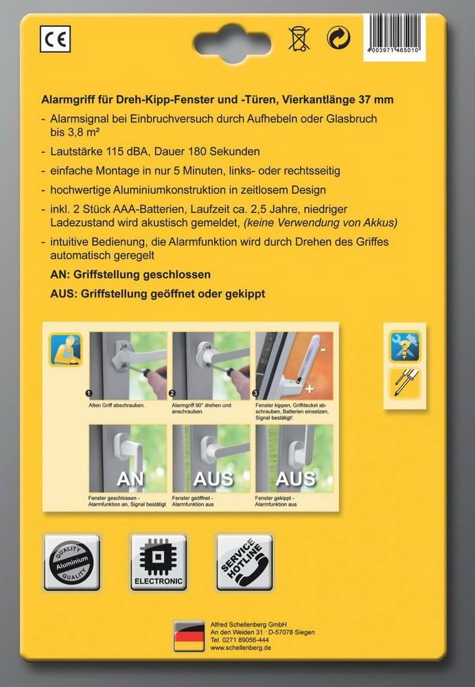Schellenberg 46501 Sicherheits-Alarmgriff für Fenster, Balkon- und Terassentüren, 37 mm Stiftlänge,