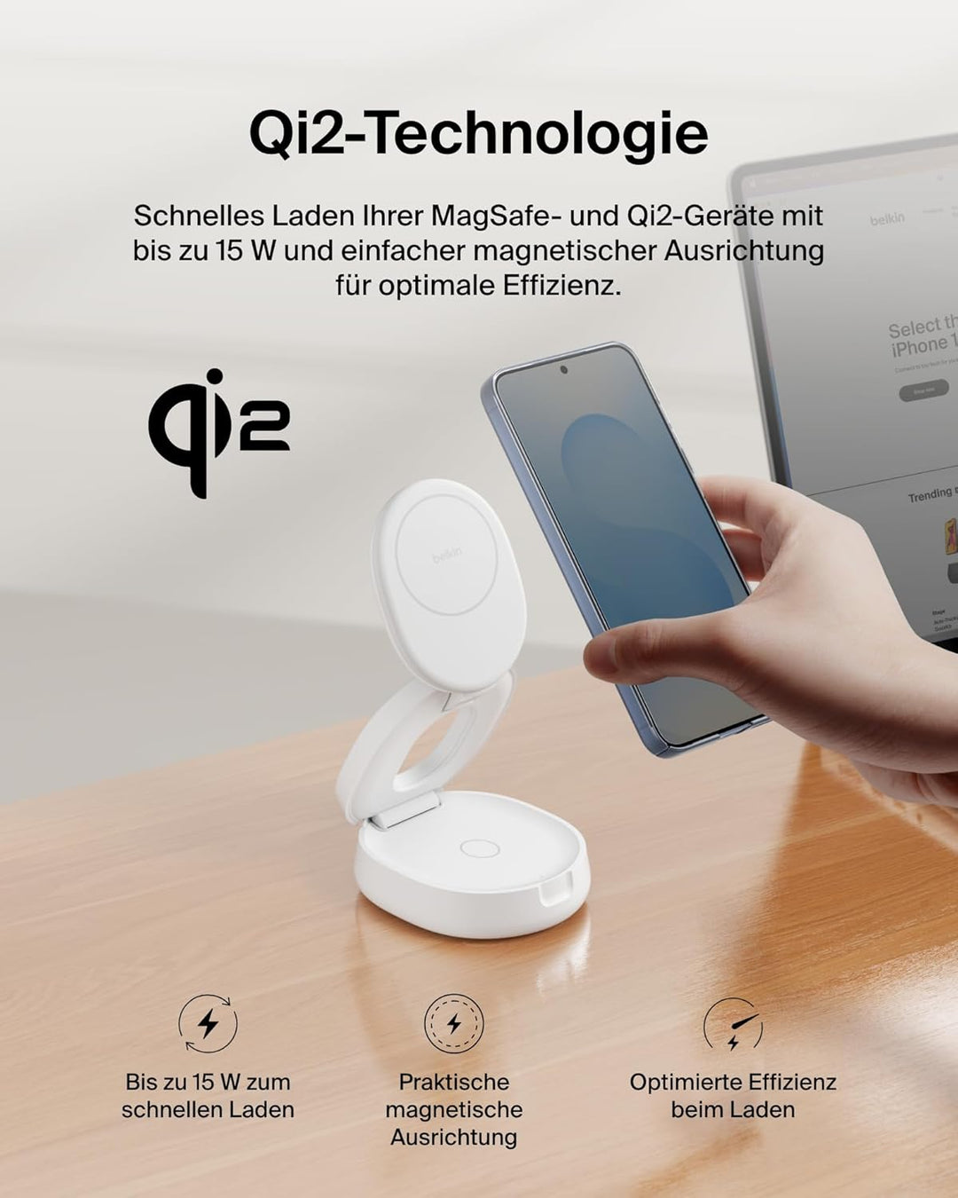 Belkin BoostCharge 2-in-1 Induktive Ladestation mit Qi2, 15W, MagSafe-kompatibles Ladegerät, Kabello
