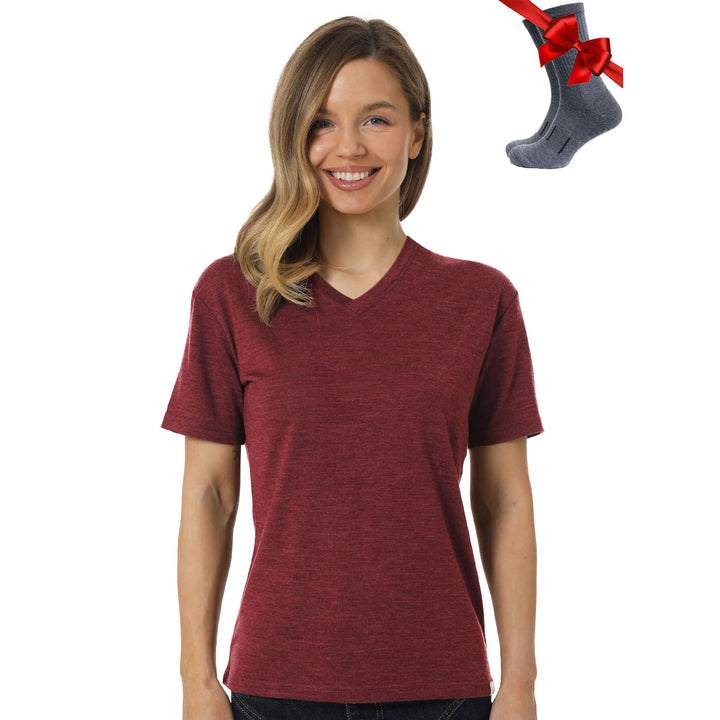 Merino.tech 100% Merino T Shirt Damen - Merinowolle Sport Wandern Thermoshirt Damen + Wandersocken B