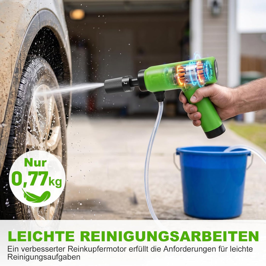 Druckreiniger Handheld Compact, USB-C-Anschluss, Batterieanzeige | Mitteldruck MAX 18 Bar, 5-in-1 Mu