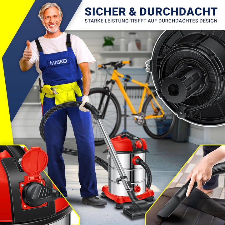 Masko® Industriestaubsauger Staubsauger Nass Trocken Sauger Edelstahl 2300W + Steckdose | Blasfunkti