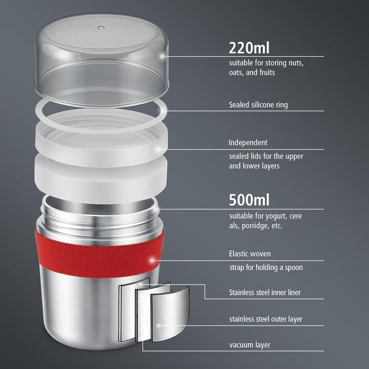 Edelstahl Müslibecher to go mit Löffel, Doppelwandiger Vakuum-Isolier Joghurtbecher to go 720ml, Neu