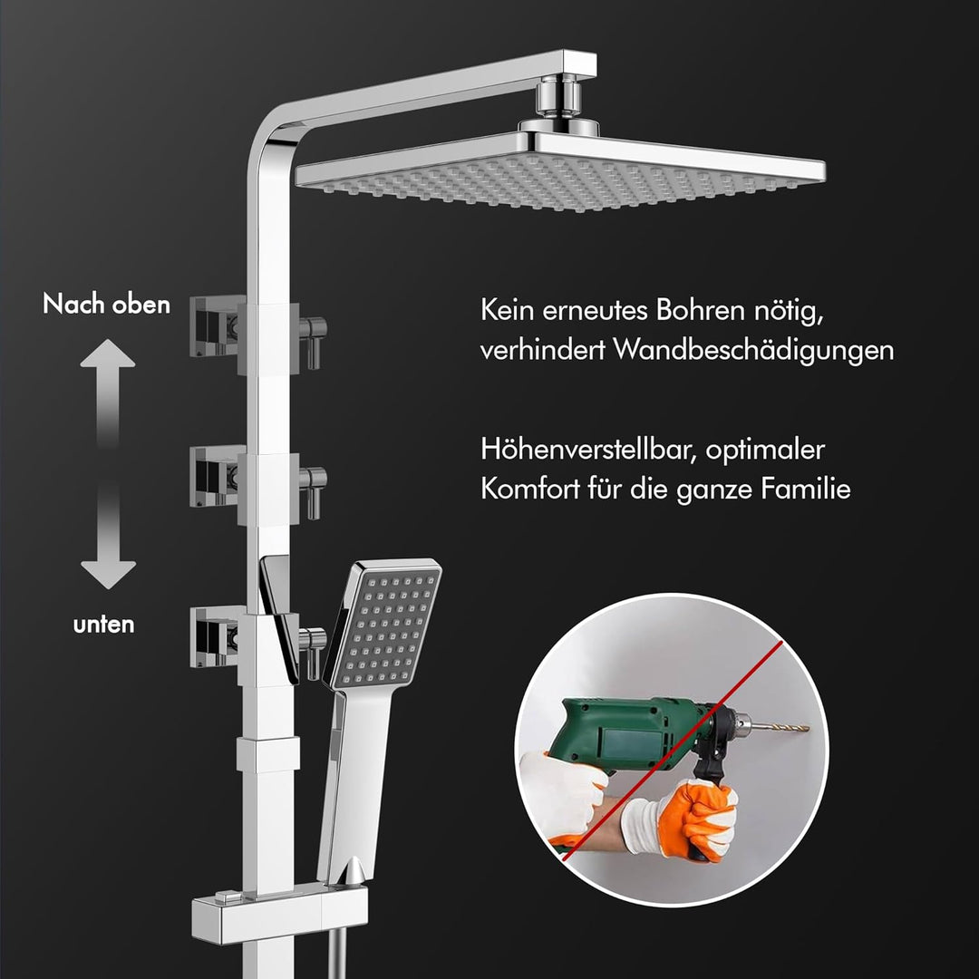 HOMELODY Duschsystem mit Thermostat Chrom, Duscharmatur Edelstahl Regendusche mit Armatur, Duscharma