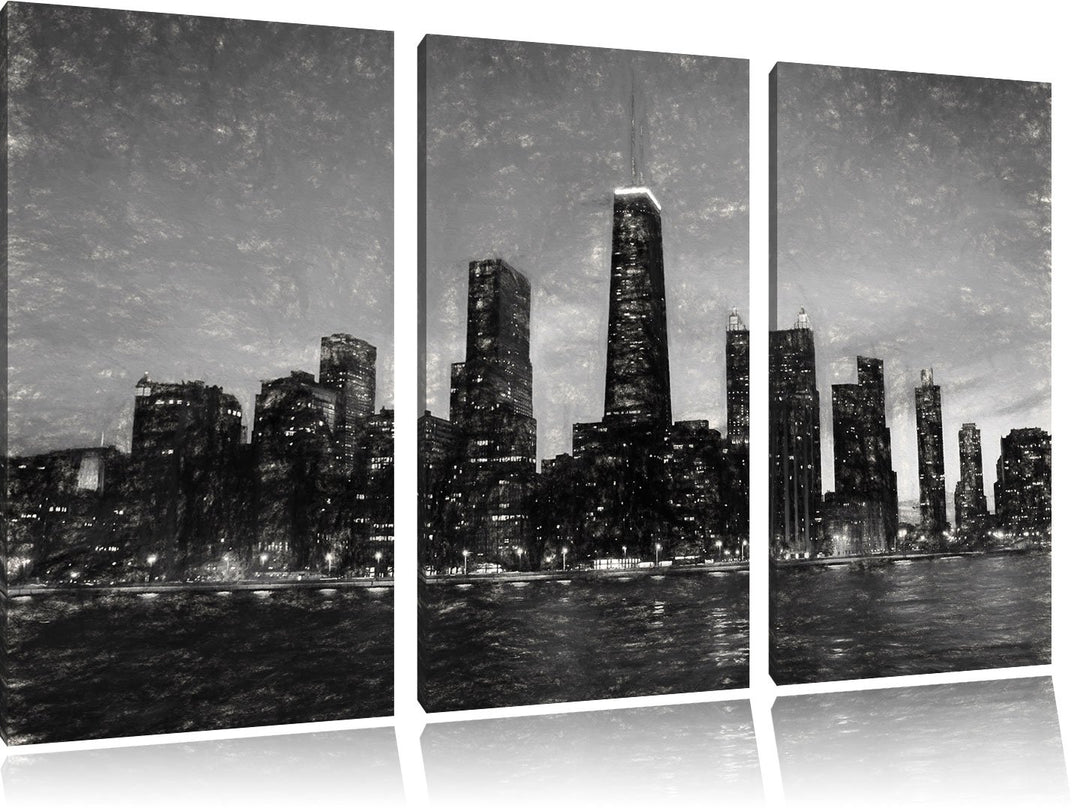 Pixxprint Chicago-Wolkenkratzer-Silhouette als Leinwandbild/Grösse: 3 Teilig (120x80 cm) cm/Wandbild