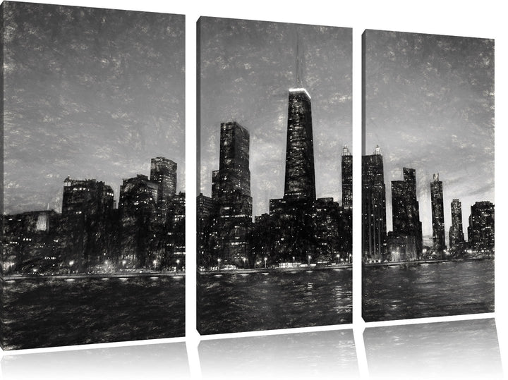 Pixxprint Chicago-Wolkenkratzer-Silhouette als Leinwandbild/Grösse: 3 Teilig (120x80 cm) cm/Wandbild