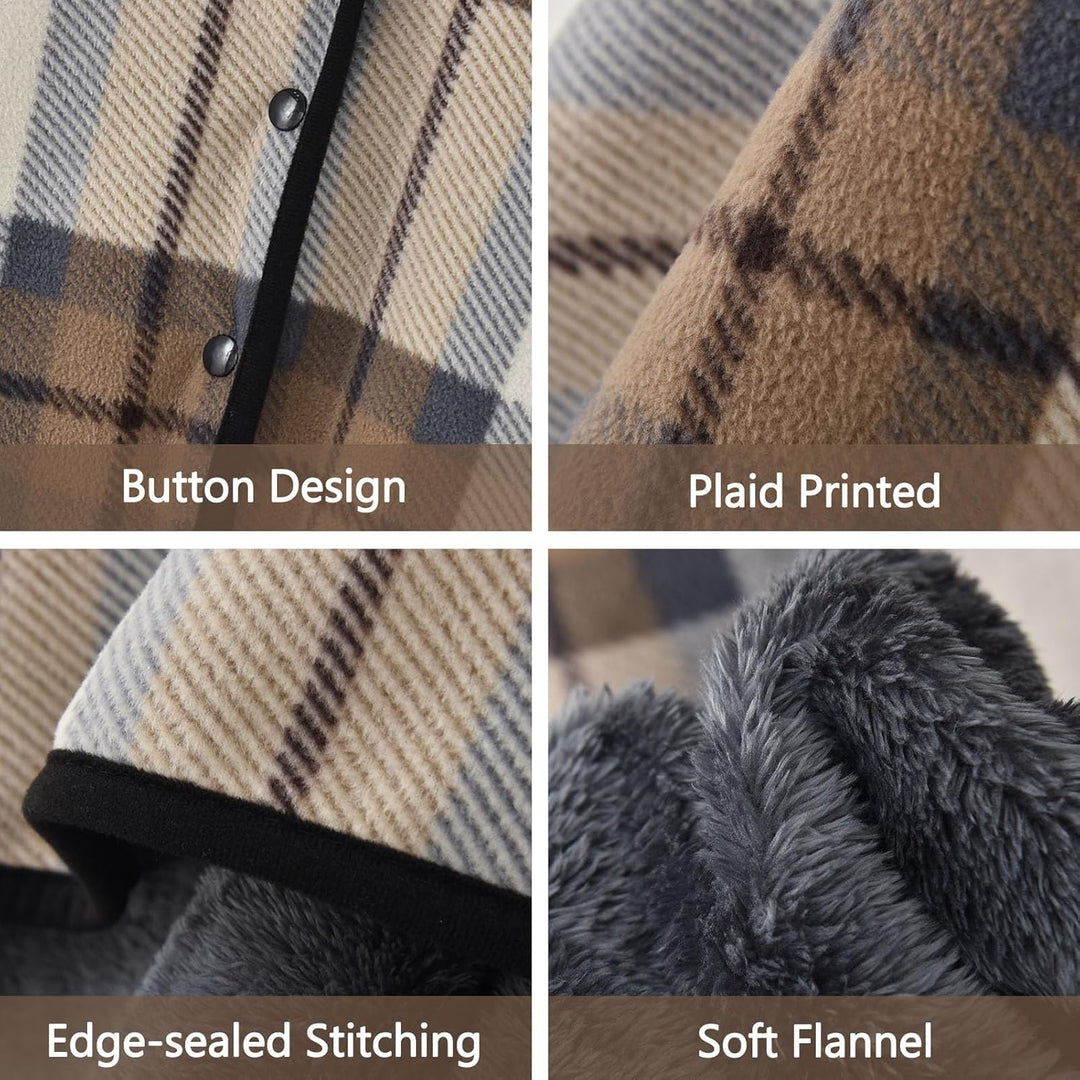 Damen Poncho Fleece Tragbare Decke, Karierte Schossdecke Bequemer Poncho Plüschdecken Überwurf Schal