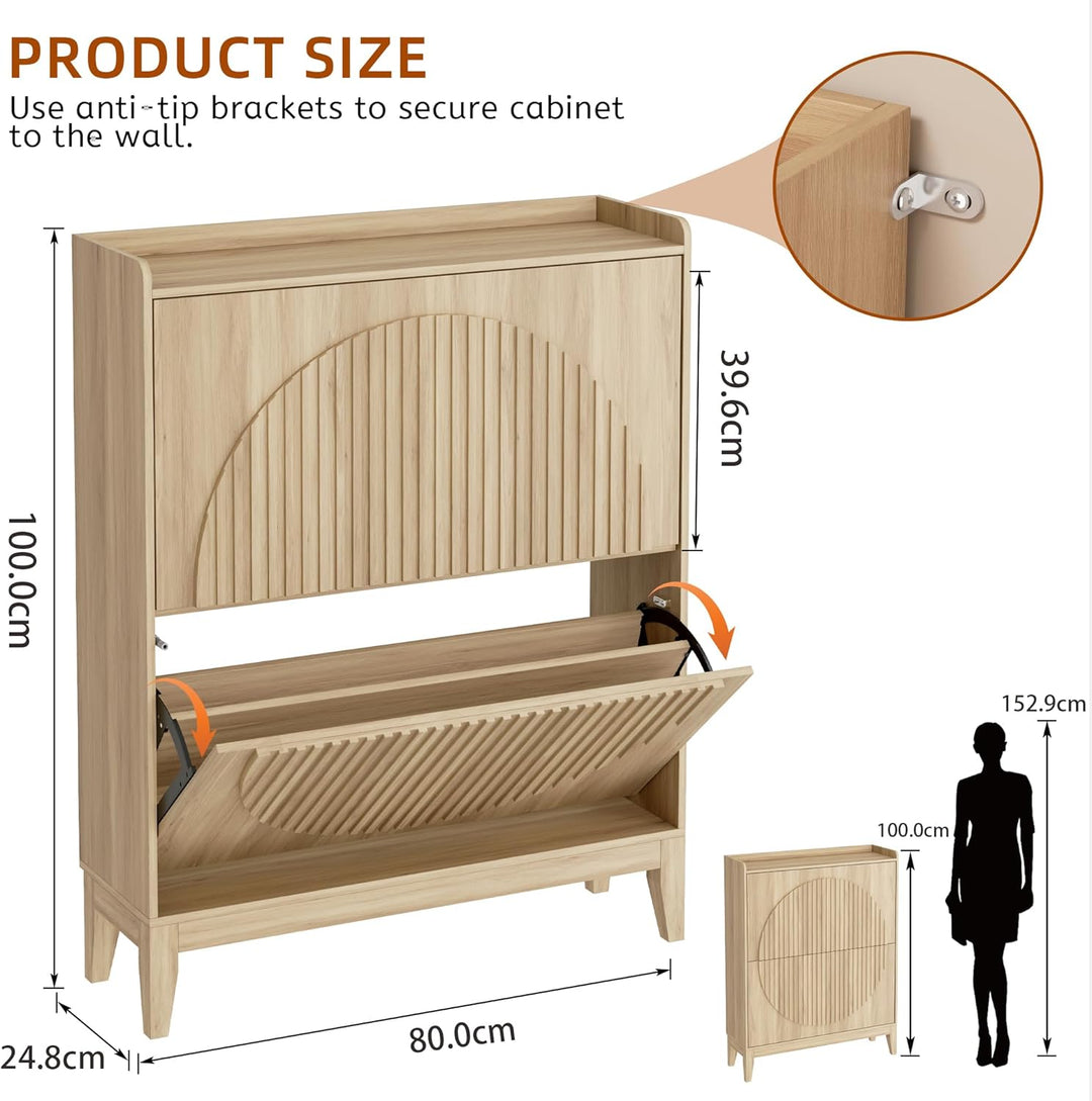 Vlsrka Geriffelte Schuhschrank Schmal Holz, Moderner Schuhkipper mit 2 Klappen, Schuhkipper schmal m