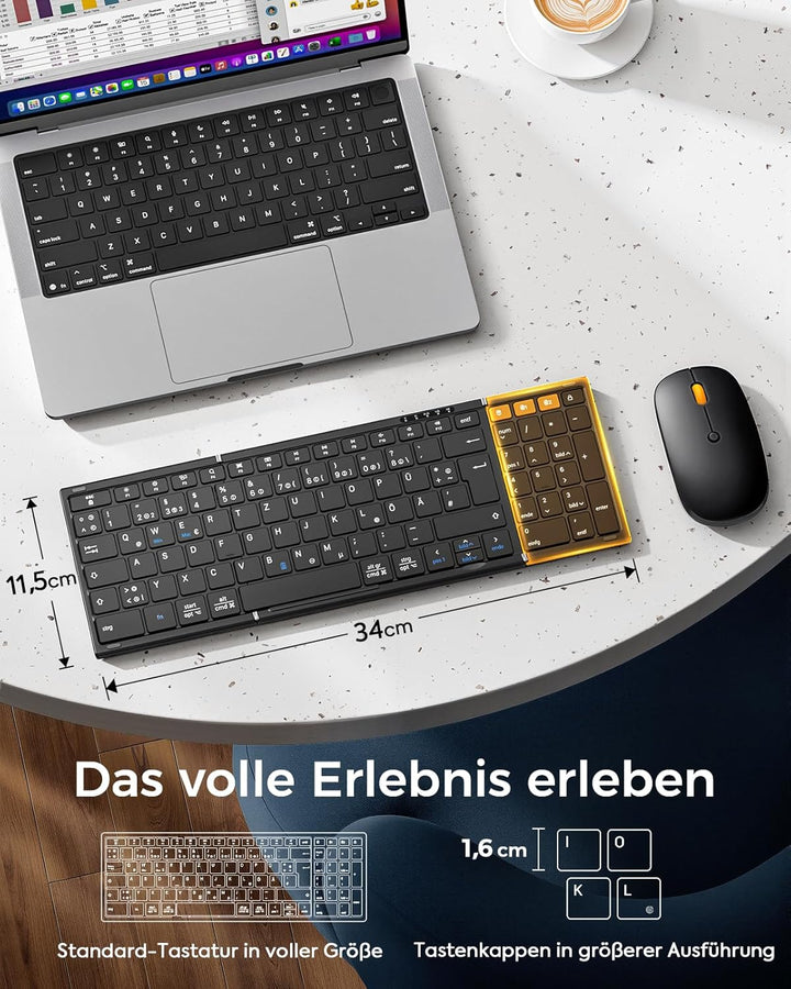 MoKo Faltbare Bluetooth Tastatur mit Maus, QWERTZ Deutsches Layout, Kabellose 2.4G + Dual Bluetooth