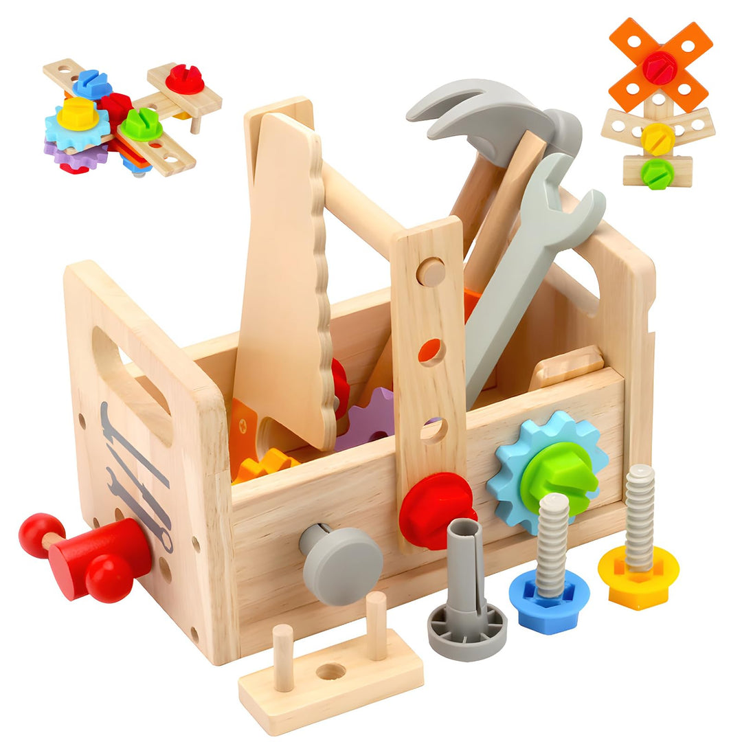 Newpop Werkzeugkoffer Kinder, Kinderwerkzeug, Holzspielzeug Lernspiele, Werkzeugkasten Kinder, Werkz