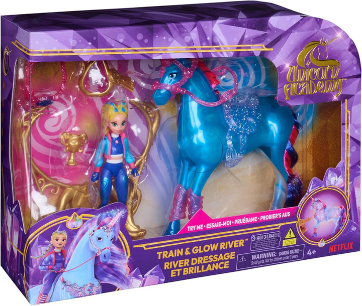 Unicorn Academy - Train and Glow River mit Isabel Set, ca 12 cm Originalfiguren zur Netflix Serie, m