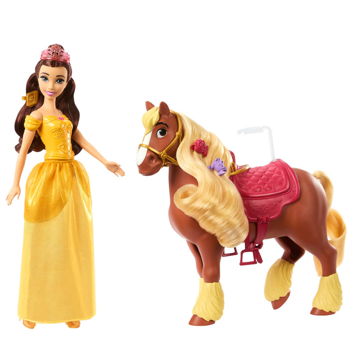 Mattel Disney Princess Toys, Belle Fashion Doll & Philippe Horse mit Sattel, bürstbare Mähne & Schwa