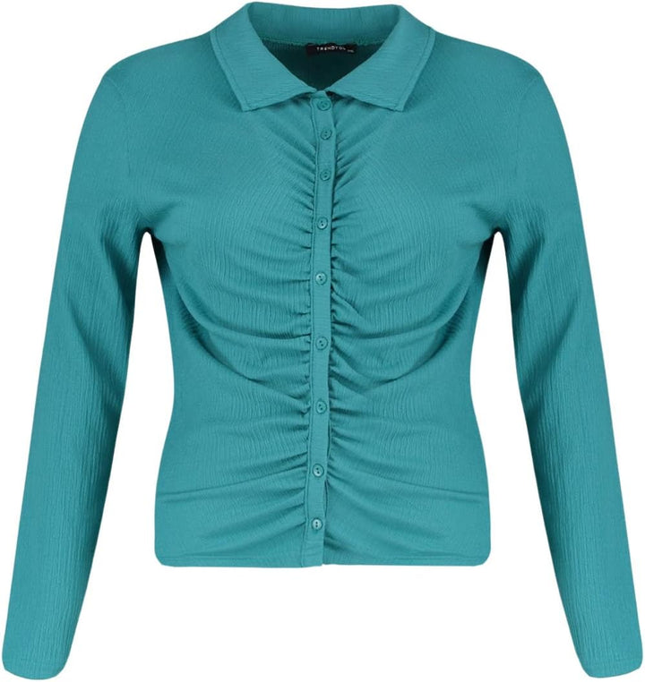 TRENDYOL Frau Grosse Grössen Relaxed Fit Basic Polokragen Gestrickt Plus-Size-Bluse XXL Blaugrün, XX