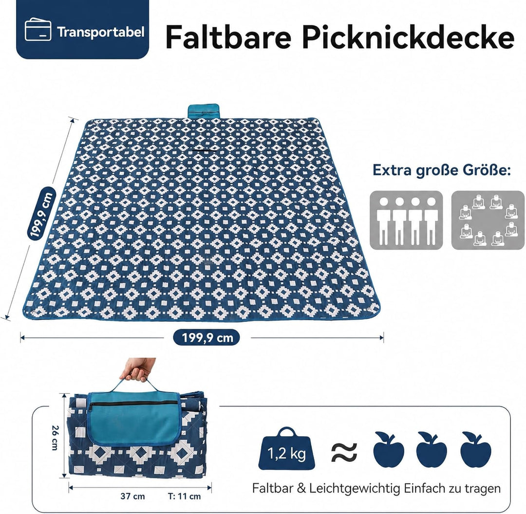 OESSUF Picknickdecke wasserdicht 200x200, extra grosse Picknickdecke XXL Stranddecke sandfrei tragba